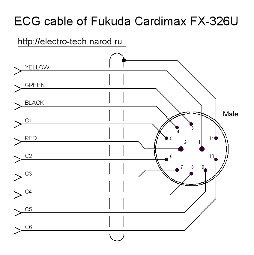Схема ЭКГ кабеля кардиографа Cardimax FX-326U фирмы Fukuda Denshi