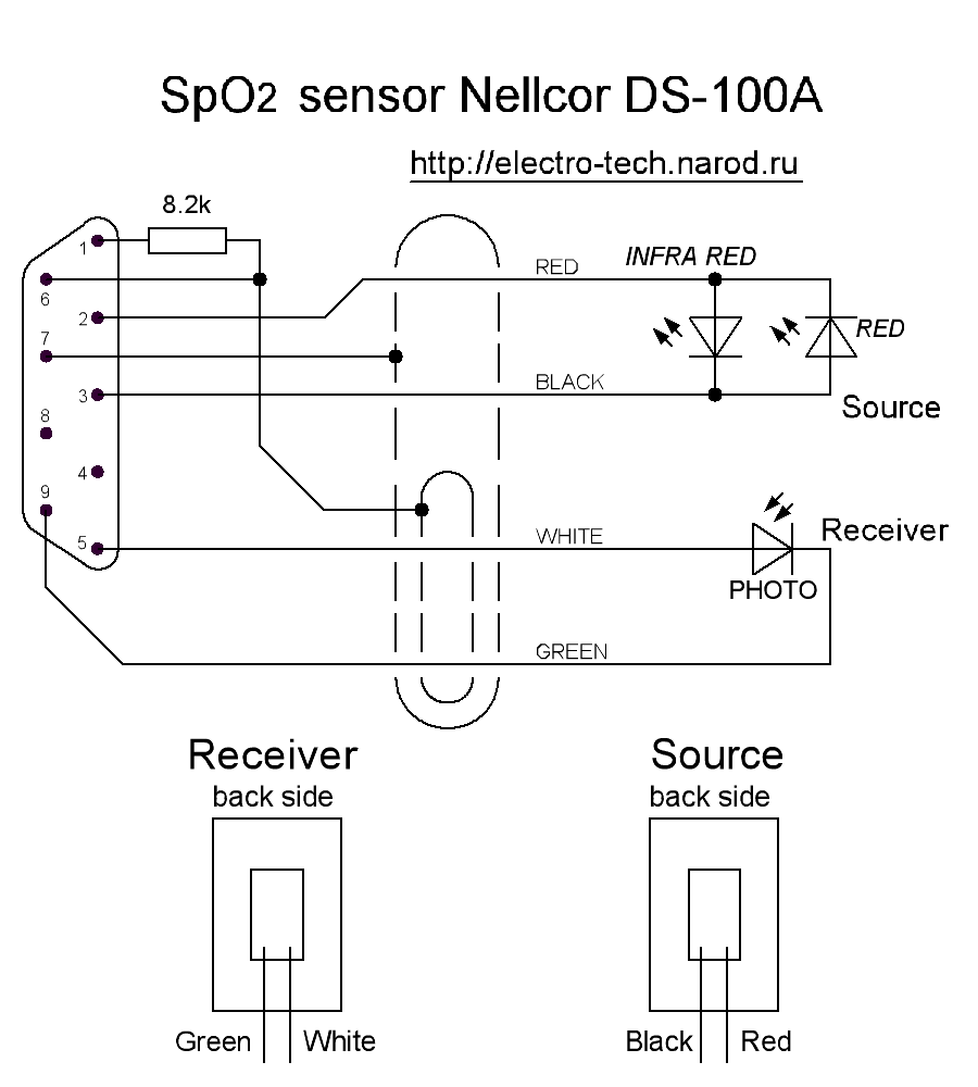 Схема датчика SpO2 DS-100A фирмы Nellcor