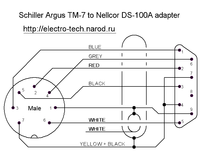 Схема адаптера датчика SpO2 DS-100A для реанимационного монитора Argus TM-7 фирмы Schiller