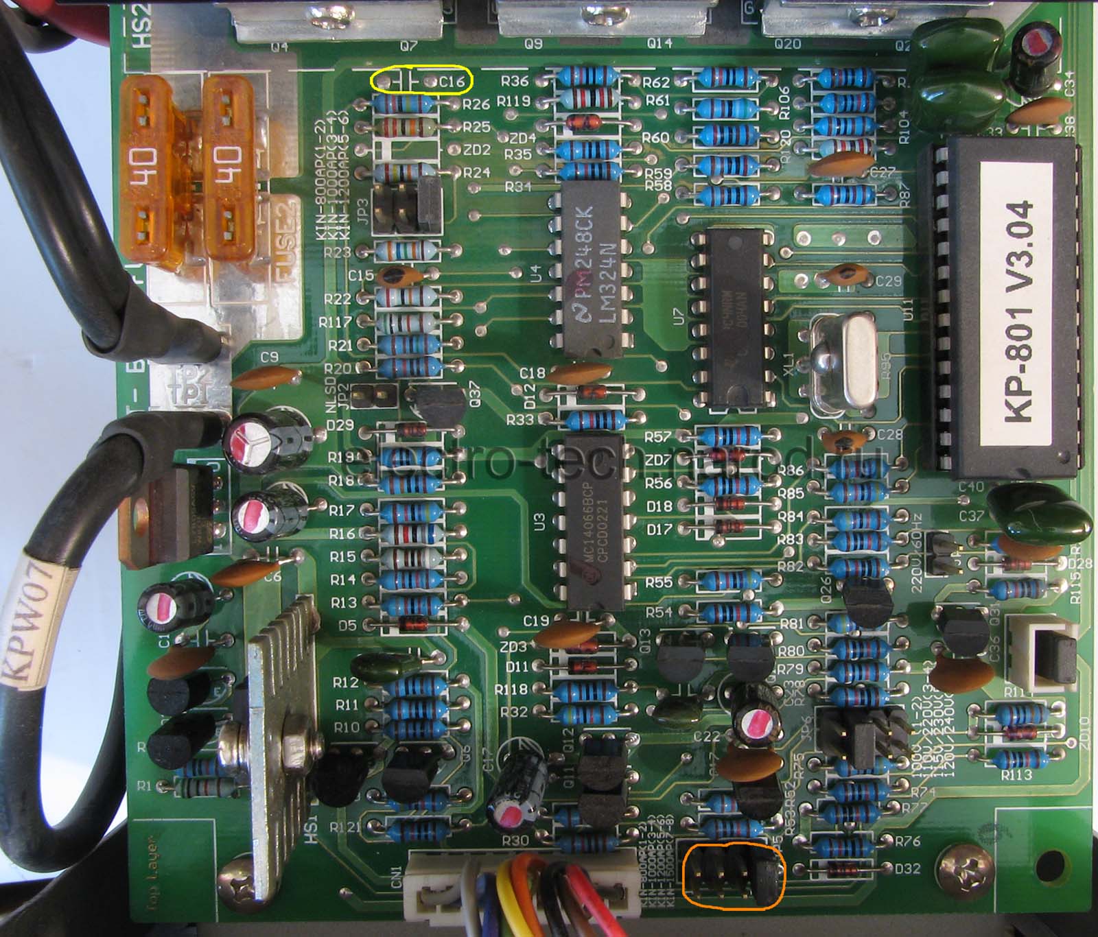 Расположение конденсатора C16 на печатной плате ИБП PowerCom KIN-1500AP, KIN-1200AP, KIN-1000AP и KIN-800AP